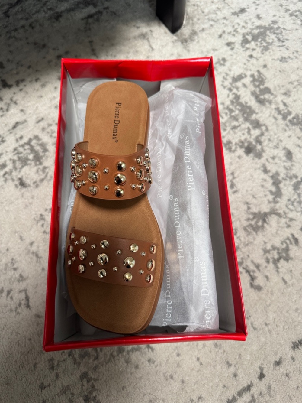 Pierre Dumas Brown Double-Strap Studded Slide Sandal